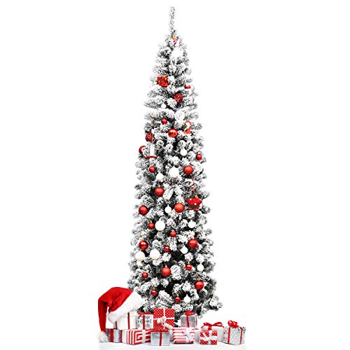 Happygrill 7.5FT Snow Flocked Pencil Christmas Tree Artificial Xmas Tree for Indoor Outdoor, Slim Christmas Tree for Festival Decoration