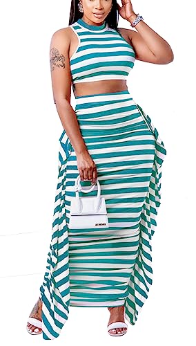 Image of YUEWOO 2 Piece Outfits for Women Sexy Crop Top Ruched Bodycon Maxi Dresses Fringe Skirt Sets Night Club Jumpsuits