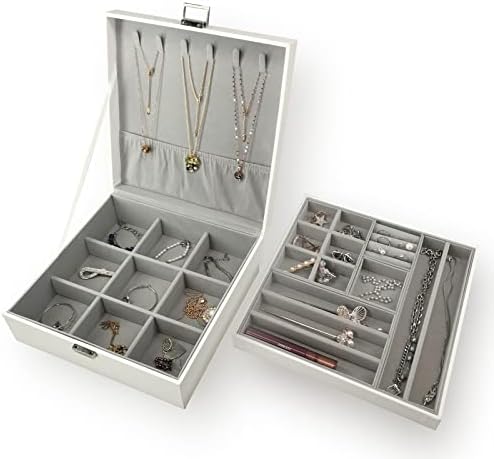 BOOVO PU Leather Jewelry Box With Lock Multifunctional Ladies Jewelry Organizer Suitable For Storage Necklaces Rings Bracelets Brooch Pendants (White)