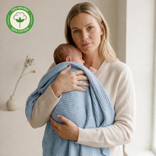 Image of 100% Organic Cotton Knit Receiving Baby Blanket for Newborns - Soft, Breathable Blanket for Crib & Stroller - Nursery Gift (Ribbed Baby Blue)