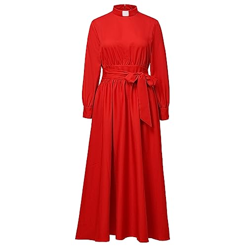 Image of CAMDOM Church Clergy Dress for Women Long Sleeve A Line Elegant Maxi Dress with Tab Insert Stand Collar and BeltA