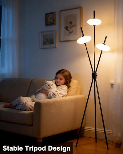 Image of Lightdot Tripod Floor Lamp Stepless Dimmable Black Standing Tall Lamps with 3PCS Elliptical Lampshades Mid Century Modern Floor Lamps for Living Room /Bedroom /Sofa Beside /Corner Decor