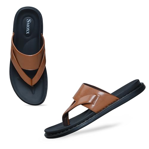 Image of Men's Solid Casual Flat Slipper, Faux Leather Slip-on V-Strap Fashion Slipper For Men