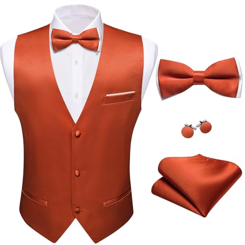Image of Barry.Wang Mens Suit Vest Bow Tie Set 4PCS Formal V-neck Slim Fit Casual Solid Color Waistcoat Wedding Party Tuxedo