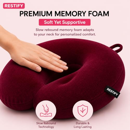 Image of Restify Premium Memory Foam Travel Neck Pillow | Soft Velvet U Shape Neck Support Cushion for Flight, Airplane, Car & Office Travel | Portable Pillow for Men & Women | Maroon