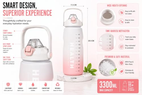 Image of Ryaco Delzon 3.3L Large Water Bottle for Gym, Motivational Time Marker Sipper Bottle, Reusable Sports Water Bottle for Men & Women, Workout, Fitness, Travel & Outdoor Use