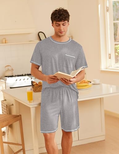 Image of Ekouaer Men's Pajamas Set Casual Short Sleeve Shirts and Shorts Soft 2 Piece Loungewear With Pockets