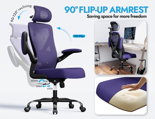 Image of Office Chair - Ergonomic Office Chair with Back Support, Ergonomic Computer Chair - Home Office Desk Chairs, 330lbs Wide Seat Big and Tall Office Chairs with Headrest, Comfy Desk Chairs (Purple)