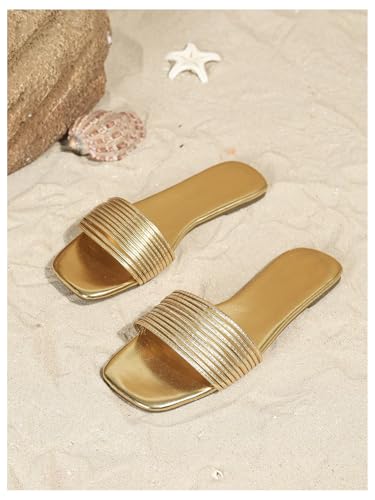 Image of GORGLITTER Women's Gold Flat Sandals Strappy Square Open Toe Metallic Summer Slides Dressy 2026 Trendy