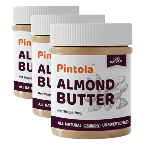 Image of Pintola Almond Butter Crunchy 200g All Natural Unsalted Butter, Healthy Almond Butter Unsweetened for Bread Spreads, Vegan (Pack of 3)