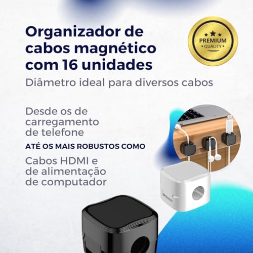 Organizador de Fios e Cabos Magnético Mesa Escritório Casa Auto Adesivo 8 Unidades Cor Preto (Preto)