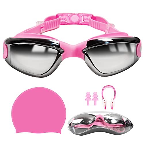 Global-Daily 5-in-1 Swimming Goggles Set, Anti-Fog UV Protection Swim Goggles with Swim Cap, Silicone Earplugs