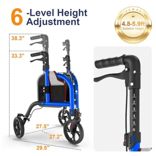Image of 3 Wheel Walkers for Seniors, Foldable Narrow Wheeled Rollator, Blue
