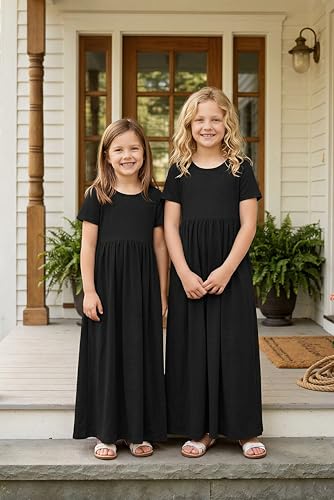 Image of Arshiner Girls Maxi Dress Long /Short Sleeve Casual Holiday Dress with Pockets for 5-13 Years