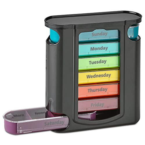 Weekly Pill Organizer, 1 Dispenser, 7 Stackable Compartments Four Times-a-Day – Morning, Noon, Evening, and Bedtime, Black
