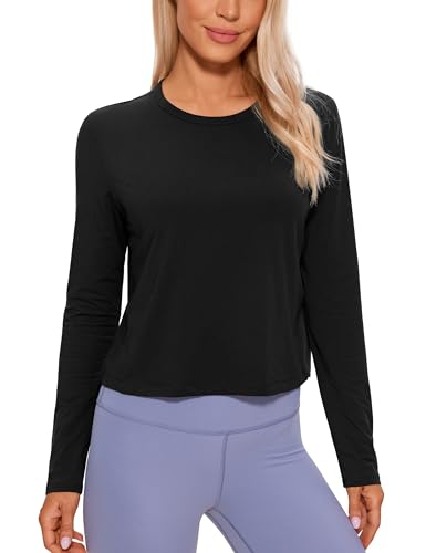CRZ YOGA Pima Cotton Long Sleeve Workout Shirts for Women Loose Cropped Tops Athletic Sports T-Shirt