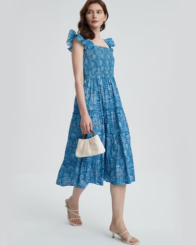 Women's Floral Smocked Midi Dress Square Neck Ruffle Strap Sleeveless Flowy A-Line Long Beach Sundress4