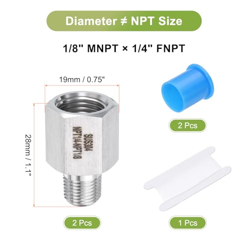 Image of uxcell 2 Pcs Stainless Steel Pipe Reducer Adapter 1 /8 inch NPT Male x 1 /4 inch NPT Female for Oil, Air, Gas, Hydraulic Systems