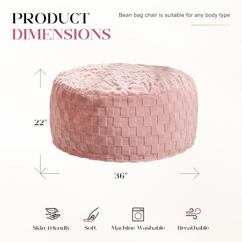 Image of Hobestluk Large Bean Bag Chairs 3FT Big Adults BeanBag Chairs Plaid Cover | Memory Foam,Washable Cover,Unique Fluffy Plaid,Comfy Adults Bean Bag with Filler Gaming Reading Bedroom Dorm Room | Pink 3FT