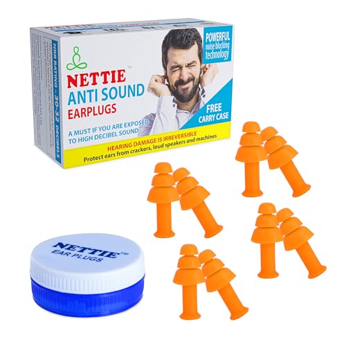 NETTIE Anti Sound Earplugs - 4 Pairs of Reusable Silicon Earplugs with Free Carry Case - 32dB NRR - Perfect for Sleep, Study, work, Concerts, Travel, and More – Value Pack