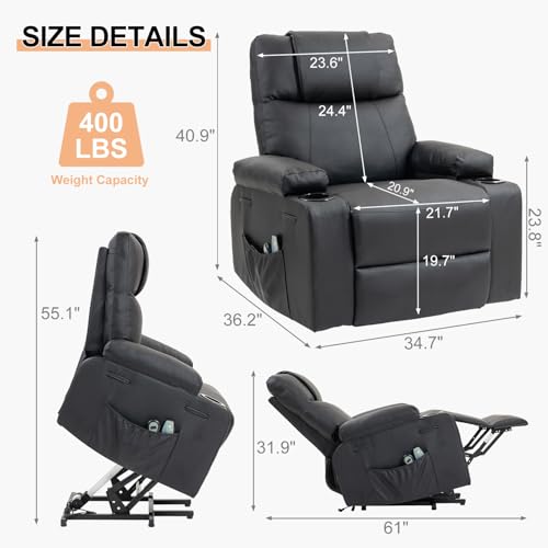 Image of Power Lift Recliner Sofa Chair, Electric Stand Assit for Elderly People, Leather Reclining Chair with Cup Holders, Massage & Heat Functions, Living Room or Bedroom Furniture for Resting, Black