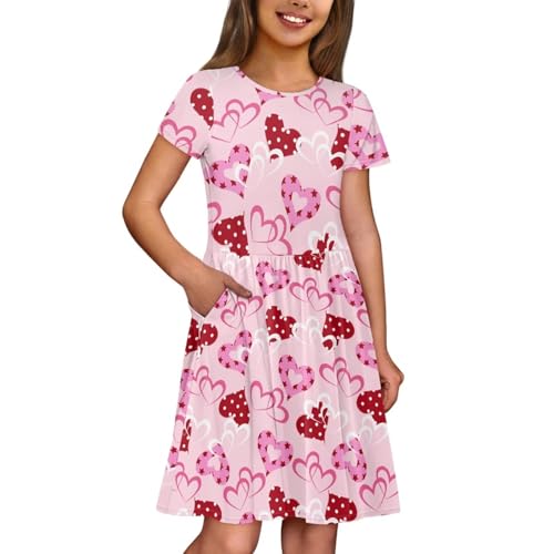 Image of Girls Dress with Pockets Basic Short Sleeve High Waist Swing Skater Dress School Party Dress for Kids