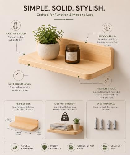 Image of A&A Studio Solid Pine Wood Floating Wall Shelves Set of 3 | 25 x 13 cm Wooden Wall Mounted Shelves | Rustic Shelf for Living Room, Bedroom, Bathroom, Kitchen & Office