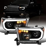 Ronnin - Fits 2007-2013 Toyota Tundra 2008-2017 Toyota Sequoia Upgraded LED Running Tube Lights Turn Signals Projector Headlights Assembly Pair | Black
