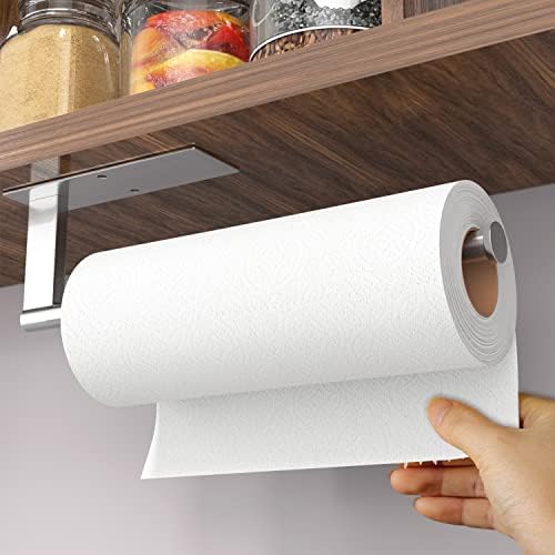 Paper Towel Holder Under Cabinet - Stainless Steel Paper Towel Holder Wall Mount, Self-Adhesive or Drilling, Silver Towel Rack for Kitchen Organization and Storage, Kitchen Paper Roll Holder