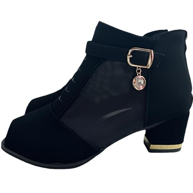 Ladies mesh open-toe ankle boots with thick heels - Fashionable rear zipper design breathable and comfortable high heels