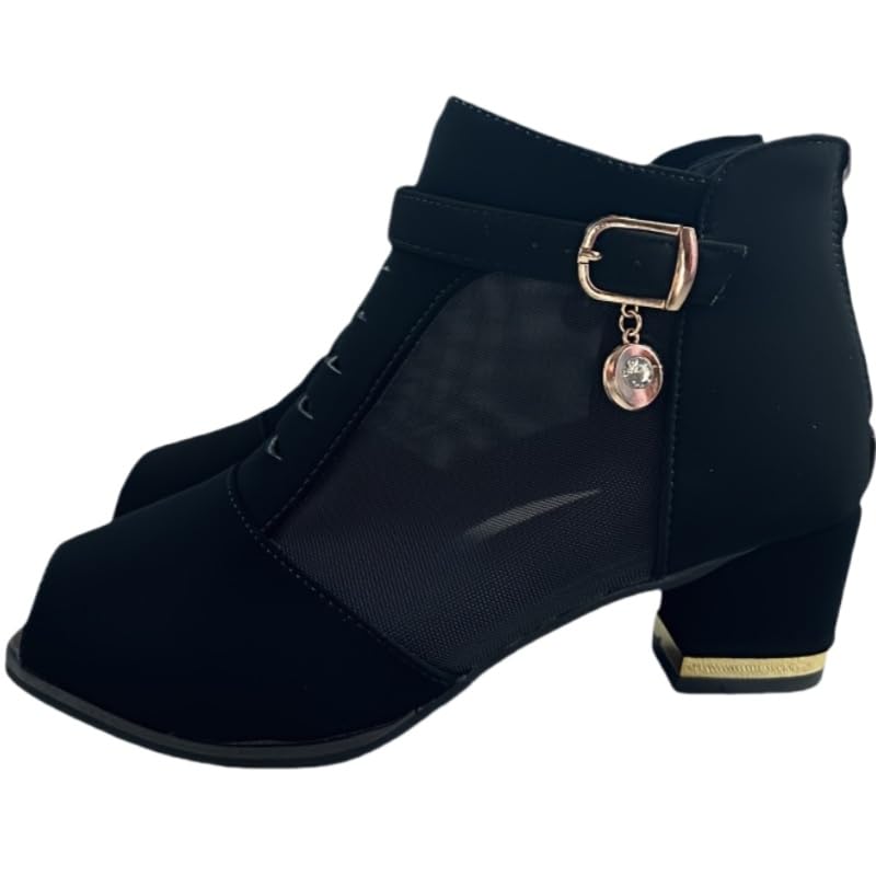 Ladies mesh open-toe ankle boots with thick heels - Fashionable rear zipper design breathable and comfortable high heels