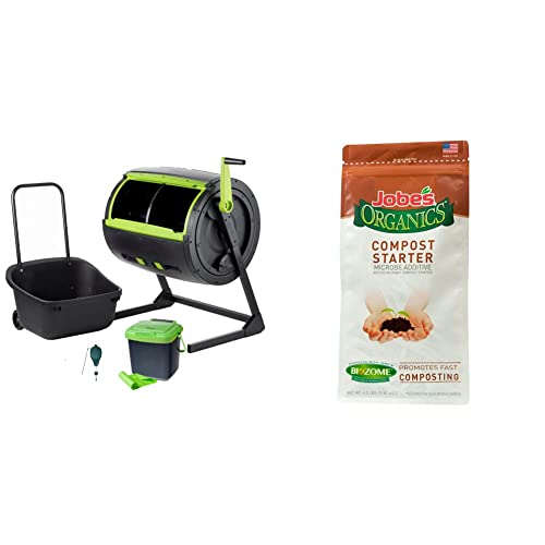 Maze Two Stage 65 Gal Compost Tumbler, 1.85 Gal Kitchen Caddie Compost Bin, 3 Rolls Of Corn Bags And A Retractable Plant Caddie & Jobe's Organics 09926 Fast Acting Fertilizer Compost Starter, 4 Pound #TOP14