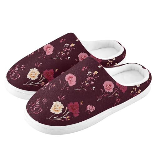 JUNZAN Flowers Carnation Iris Peonies Burgundy Cotton Slippers for Men Comfort Memory Foam Bedroom Shoes for Spa Birthday Presents 6-74