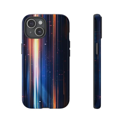 Coque iPhone 15 rigide bleue à design faisceaux lumineux verticaux