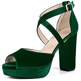 Perphy Peep Toe Pumps Velvet Crisscross Strap Block Heel Platform Sandals for Women Emerald Green 5 UK/Label Size 7 US