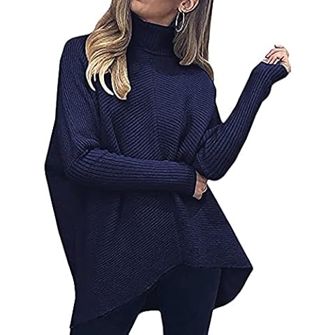 Poetsky Womens Long Sleeve Turtleneck Sweaters Oversized Knit Loose Asymmetrical Hem Pullover Tunic Tops Blue Cover