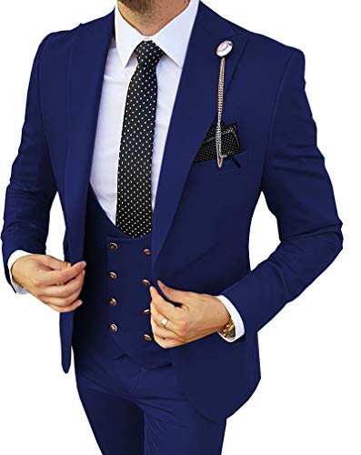 MoranX Costume 3 pièces à double boutonnage pour homme - Coupe droite - Style formel - Blazer - Pantalon pour mariage, bleu, 27 Cover