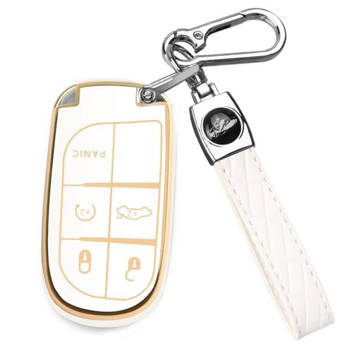 QBUC for Jeep Key Fob Cover with Leather Keychain TPU Protection Key Case Compatible with Grand Cherokee Renegade Smart Key