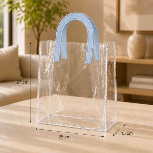 Image of SATYAM KRAFT 6 Pcs Transparent Reusable Leather Goodie Bags | Elegant Gift Bags for Her /Him Wedding Return Favors, Engagement Hampers, Marriage, Birthday & Festival Gifting | Handle Hamper Shopping Carry Bags (U-shaped Blue - Large)
