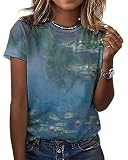 joo meryer Women's Starry Night T-Shirts Oversized Loose Fit Short Sleeve Casual Art Painting Tees,Monet Water Lilies,M