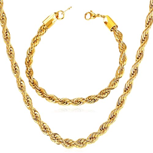 U7 Men Women Rope Chain 18K Gold Plated Stainless Steel 3mm Link Bracelet Necklace Set,Length...