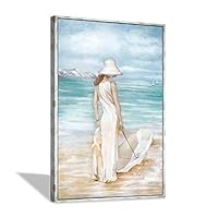 Abstract Beach Artwork Ocean Picture: Hand Painted Modern Women & Umbrella Sea Print Coastal Framed Wall Art on Canvas Framed Art For Bedroom (45\u201D x30\u201D x1 Panel)