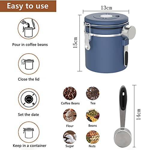 Charwin Airtight Coffee Container, Coffee Canister Stainless Steel Aroma Coffee Bean Container Storage with CO Valve, Vacuum for Coffee Powder Tea Nuts Cocoa Storage 1.5 L Blue