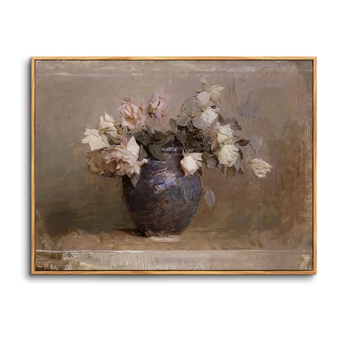 hyidecorart Quadri Vintage Soggiorno con Cornice Legno, 30x40 cm Stampe da Parete Rose in Vaso, Quadro Camera da Letto Su Tela Decorazioni Parete Desktop Arte Bagno Ufficio Sala da Pranzo