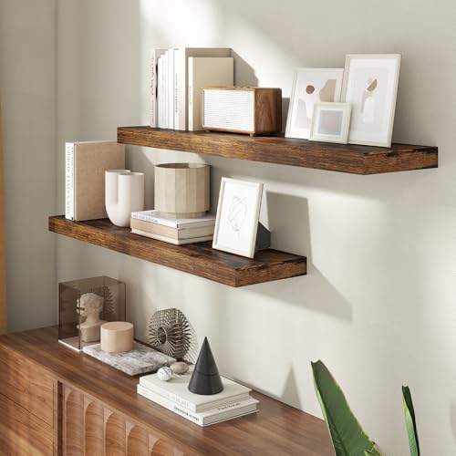Image of 40 Inch Floating Shelves for Wall, 8 Inch Deep Floating Shelf for Storage & Display, Wall Mounted Shelf with Invisible Brackets for Living Room, Kitchen, Bathroom, Home Decor, Set of 2, Rustic Brown