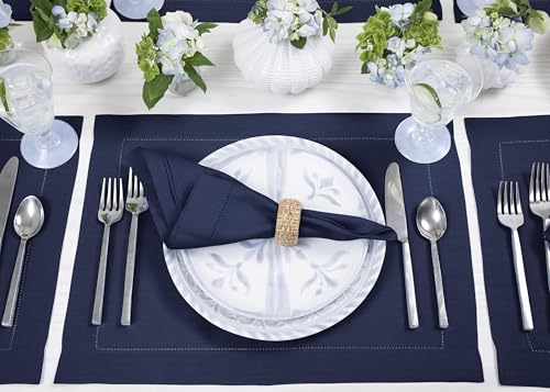 Solino Home Linen Placemats Set of 4 - Classic Hemstitch Navy Blue Placemats 14 x 19 Inch - 100% Pure Linen Table Mats for Mothers Day, Memorial Day