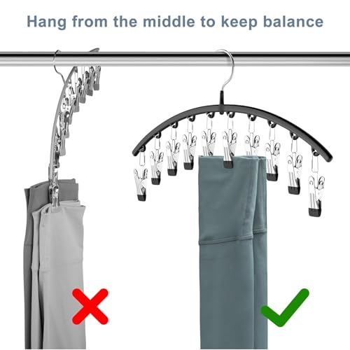 Volnamal Legging Organizer for Closet, Metal Yoga Pants Hangers 2 Pack w/10 Clips Holds 20 Leggings, Space Saving Hanging Closet Organizer w/Rubber Coated Closet Organizers and Storage, Black