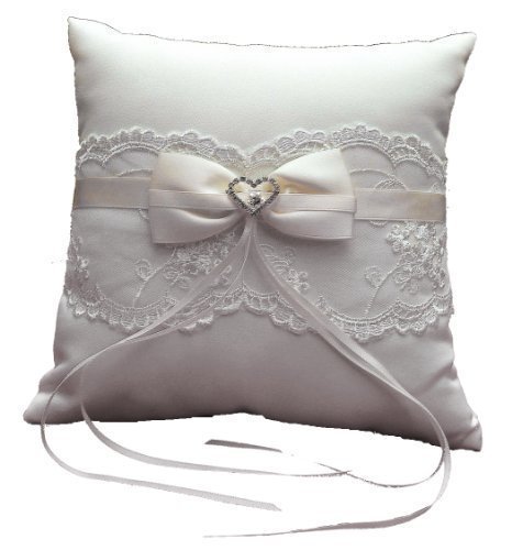 LadyMYP©Ringkissen mit feiner Spitze, eleganten Schleife aus Satin und Herz aus funkelndem Strass und Perlen: Ivory/Weiß (Elfenbein) Cover