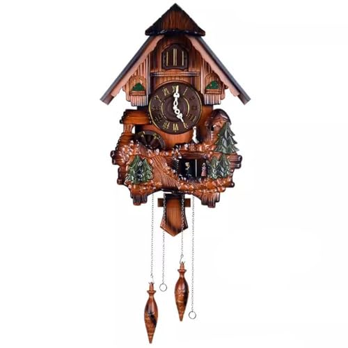 Cuckoo Clocks Wall Clock Decorative European Style Living Room Cuckoo Clock, Traditional Forest Cabin Clocks, Handmade Wooden Wall Clock, Quartz Movement, Light Control Sensor, Roman numerals, Brown