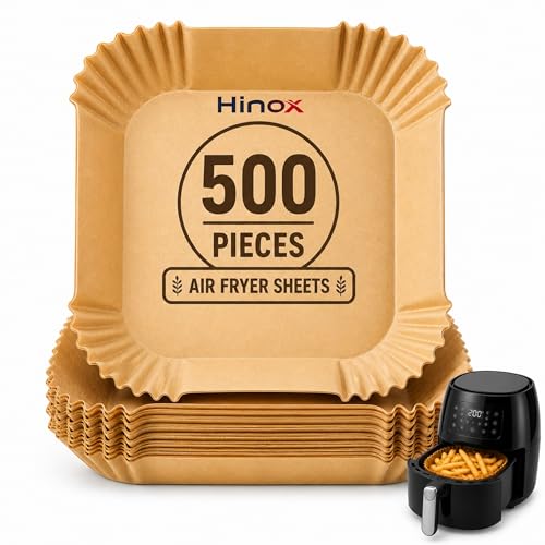 Image of HINOX Air Fryer Paper Liners Square Disposable, Non Stick Oil Proof Parchment Sheets, Heat Resistant Food Grade Baking Paper for Cooking & Frying (500 Sheets)